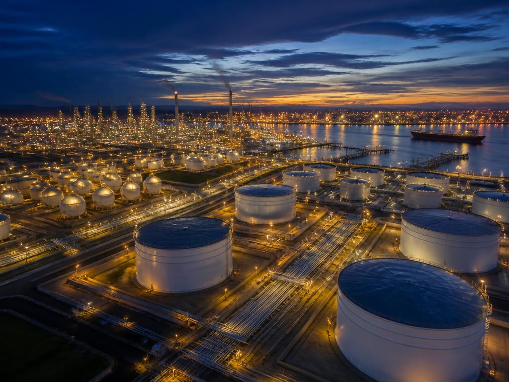 Aerial view of a lit crude oil storage and marine terminal at dusk