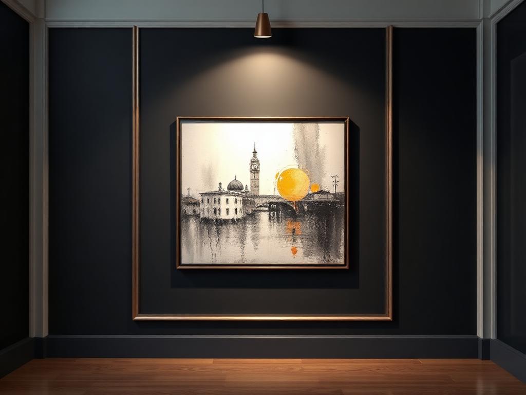 Framed fine art painting spotlit on a dark gallery wall