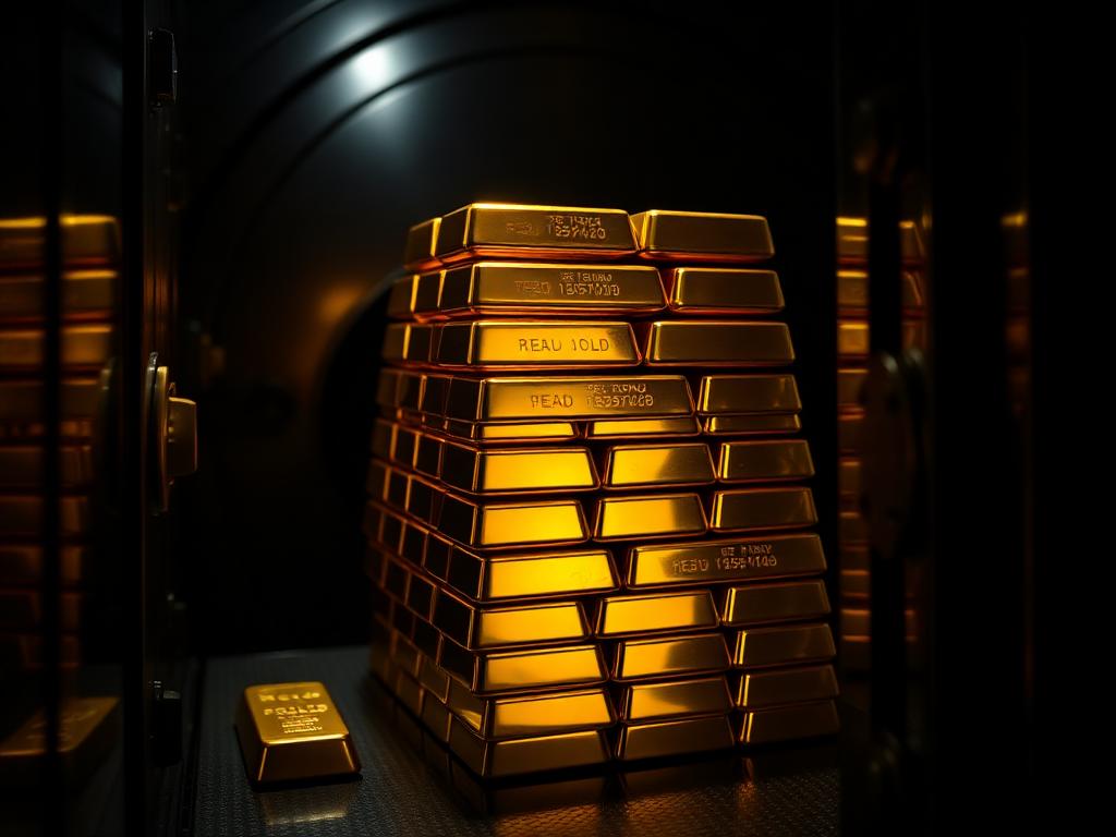 Stacked gold bullion bars inside a secure vault