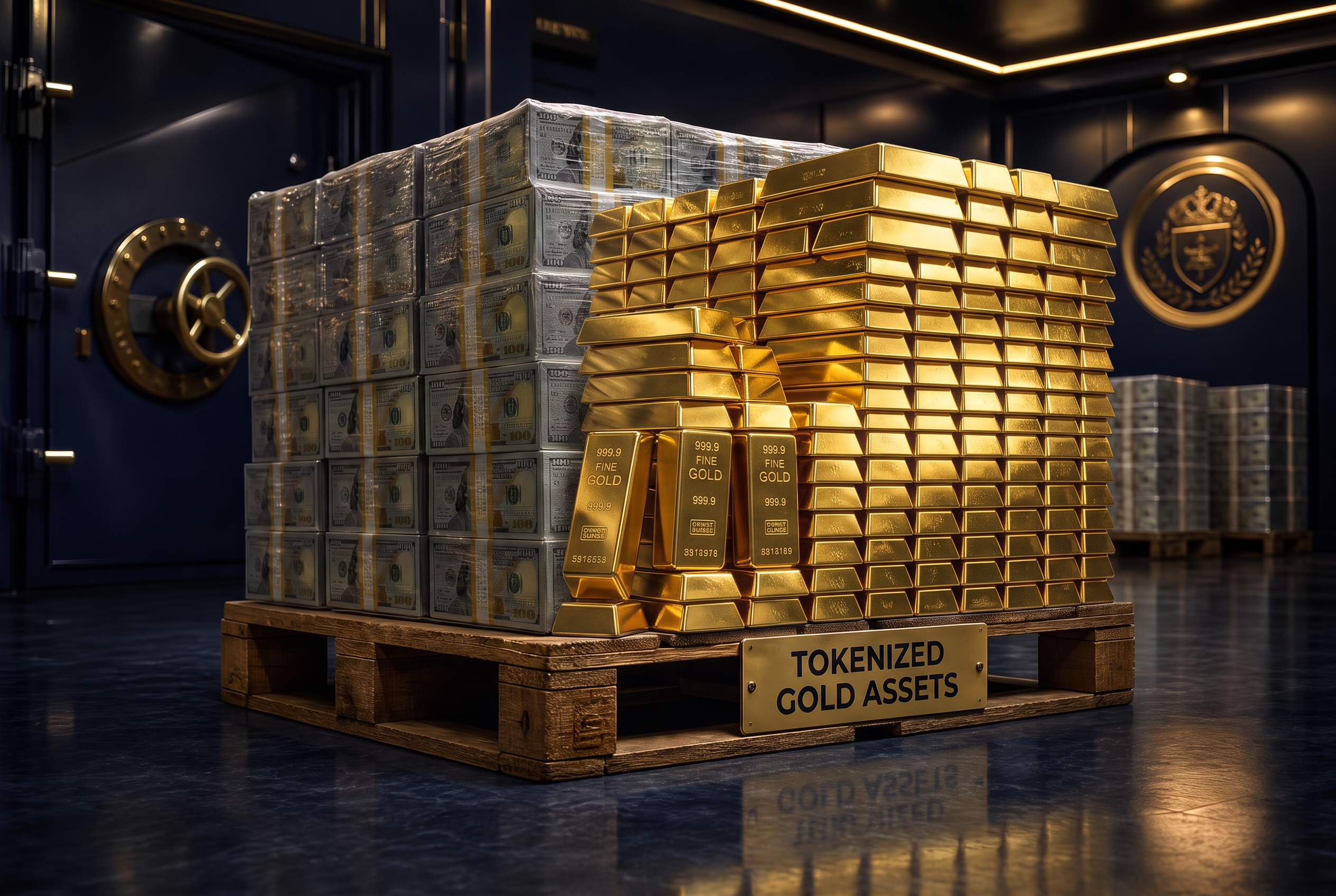 Shipping pallet stacked with shrink-wrapped cash blocks and gleaming gold bullion bars inside a secure vault